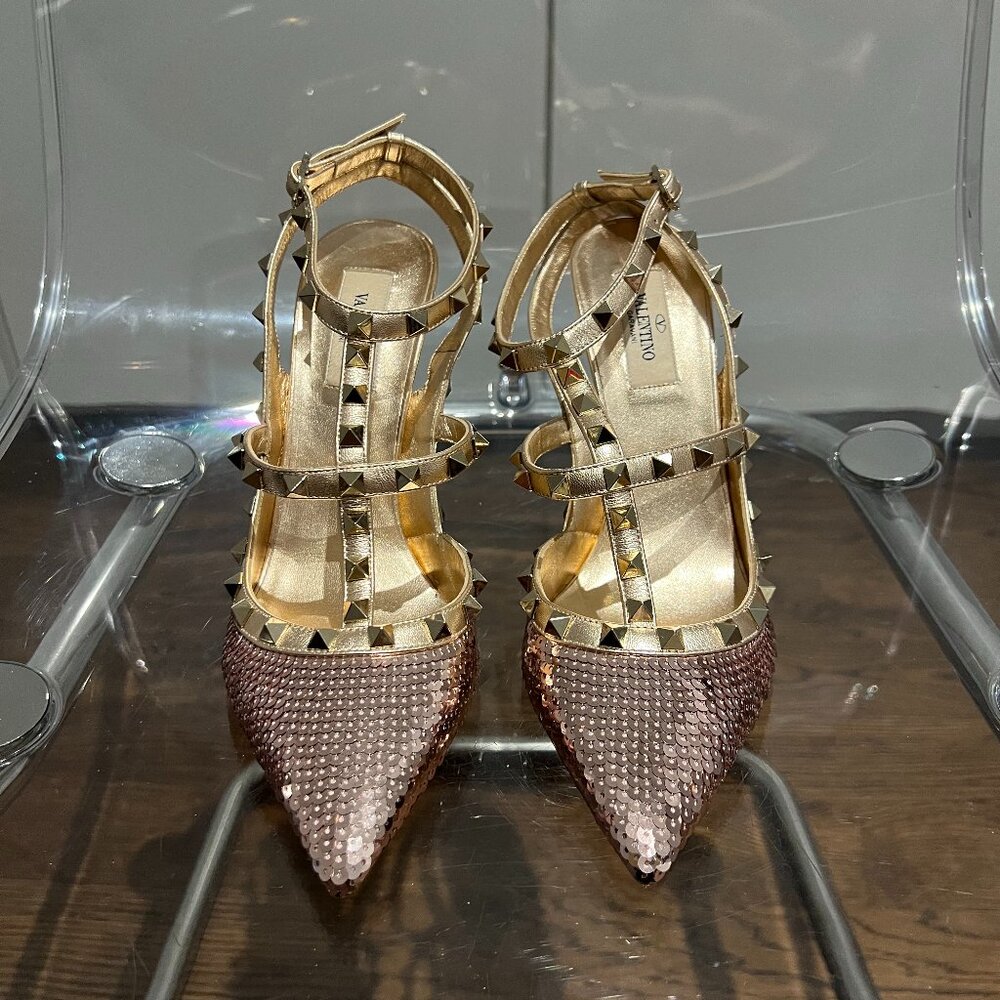 Valentino Rockstud Rose Metallic Sequins Heels